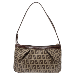 Pre Owned Fendi Brown/Beige Zucchino Coated Canvas and Leather Pochette Bag
