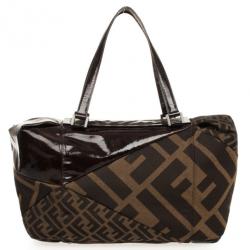 Pre Owned Fendi Tobacco Zucca Canvas and Patent Satchel