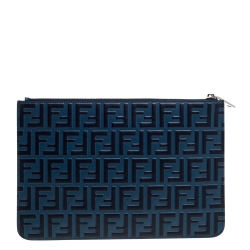 Pre Owned Fendi Navy Blue Zucca Embossed Leather Pouch