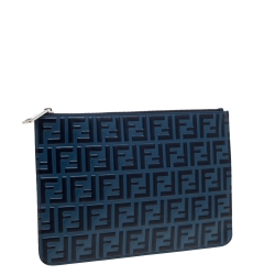 Pre Owned Fendi Navy Blue Zucca Embossed Leather Pouch