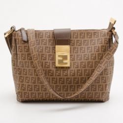 FENDI Vintage Cream Logo Zucchino Monogram Canvas Baguette Brown Leather  Trim