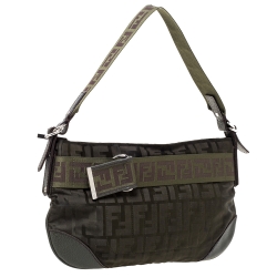 Pre Owned Fendi Green Zucca Nylon and Leather Pochette Bag