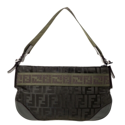 Pre Owned Fendi Green Zucca Nylon and Leather Pochette Bag