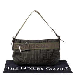 Pre Owned Fendi Green Zucca Nylon and Leather Pochette Bag