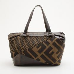 Pre Owned Fendi Tobacco Zucca Canvas Patent Satchel 
