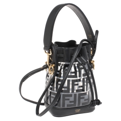 Pre Owned Fendi Black Zucca Pvc and Leather Mini Mon Tresor Drawstring Bucket Bag
