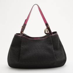 Pre Owned Fendi Black And Pink Zucchino Canvas Charm Detail Hobo