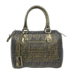 Pre Owned حقيبة يد بوسطن فندي زوكا طبع بالازو جلد ذهبية