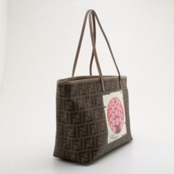 Pre Owned Fendi Brown Zucca Spalmati Flags Cherry Tree Print Tote