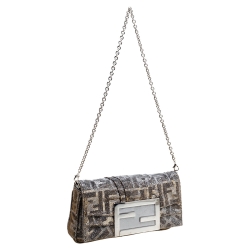 Pre Owned Fendi Silver Shimmery Fabric Mia Pochette Bag 