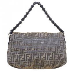Pre Owned Fendi Metallic Silver and Gold Canvas Glitter Zucca Mia Flap Bag