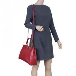 Pre Owned Fendi Red Calfskin Medium Peekaboo Tote