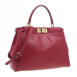 Pre Owned Fendi Red Calfskin Medium Peekaboo Tote