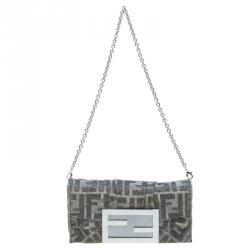 Pre Owned Fendi Metallic Silver Monogram Canvas Mia Evening Bag