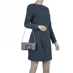 Pre Owned Fendi Metallic Silver Monogram Canvas Mia Evening Bag