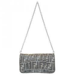 Pre Owned Fendi Metallic Silver Monogram Canvas Mia Evening Bag