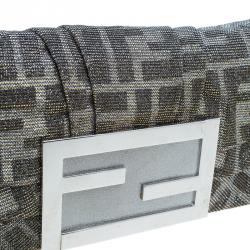 Pre Owned Fendi Metallic Silver Monogram Canvas Mia Evening Bag