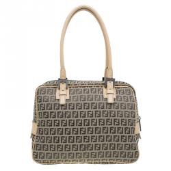 Pre Owned Fendi Brown Zucchino Canvas Boston Bag