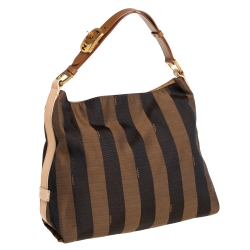Pre Owned  Fendi Tobacco Canvas and Leather Medium Pequin Striped Hobo