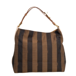 Pre Owned  Fendi Tobacco Canvas and Leather Medium Pequin Striped Hobo