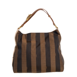 Pre Owned  Fendi Tobacco Canvas and Leather Medium Pequin Striped Hobo