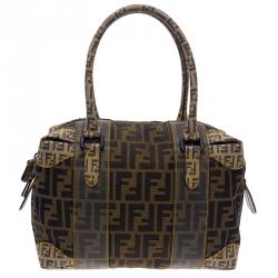 Pre Owned Fendi Brown Zucca Canvas Mixed Media Boston Bag