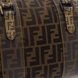 Pre Owned Fendi Brown Zucca Canvas Mixed Media Boston Bag