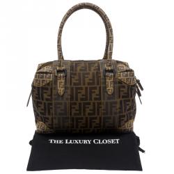 Pre Owned Fendi Brown Zucca Canvas Mixed Media Boston Bag