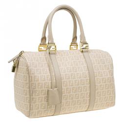Pre Owned Fendi Beige Zucchino Coated Canvas Forever Bauletto Boston Bag
