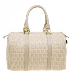 Pre Owned Fendi Beige Zucchino Coated Canvas Forever Bauletto Boston Bag