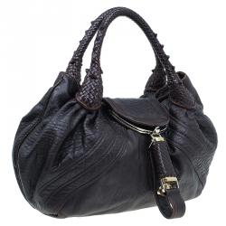 Pre Owned Fendi Dark Brown Leather Large Spy Hobo Bag
