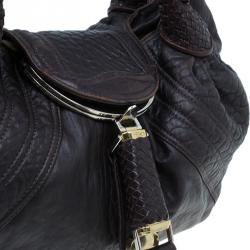 Pre Owned Fendi Dark Brown Leather Large Spy Hobo Bag