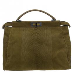Pre Owned Fendi Military Green Matte Python Leather Large Peekaboo Bag