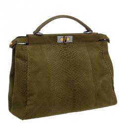 Pre Owned Fendi Military Green Matte Python Leather Large Peekaboo Bag