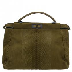 Pre Owned Fendi Military Green Matte Python Leather Large Peekaboo Bag