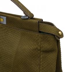 Pre Owned Fendi Military Green Matte Python Leather Large Peekaboo Bag
