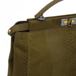 Pre Owned Fendi Military Green Matte Python Leather Large Peekaboo Bag