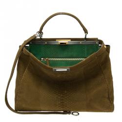 Pre Owned Fendi Military Green Matte Python Leather Large Peekaboo Bag