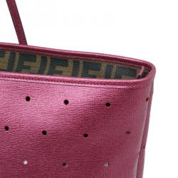 Pre Owned Fendi Metallic Purple Perforated Leather Roll Tote Bag W/ Pouch