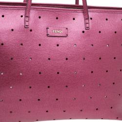 Pre Owned Fendi Metallic Purple Perforated Leather Roll Tote Bag W/ Pouch