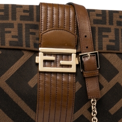 Fendi Tobacco Zucca Canvas and Leather Maxi Baguette Flap Shoulder Bag
