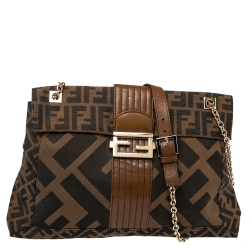 Fendi Tobacco Zucca Canvas and Leather Maxi Baguette Flap Shoulder Bag