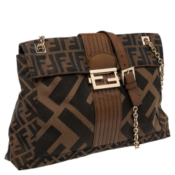 Fendi Tobacco Zucca Canvas and Leather Maxi Baguette Flap Shoulder Bag