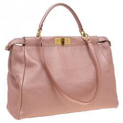 Pre Owned Fendi Metallic Pink Selleria Leather Large Peekaboo Top Handle Bag