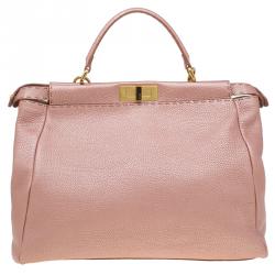Pre Owned Fendi Metallic Pink Selleria Leather Large Peekaboo Top Handle Bag