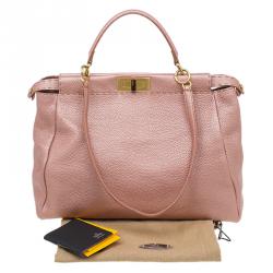 Pre Owned Fendi Metallic Pink Selleria Leather Large Peekaboo Top Handle Bag