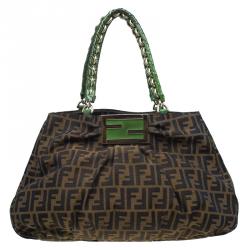 Pre Owned Fendi Tobacco/Green Zucca Canvas Large Mia Shoulder Bag