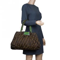 Pre Owned Fendi Tobacco/Green Zucca Canvas Large Mia Shoulder Bag