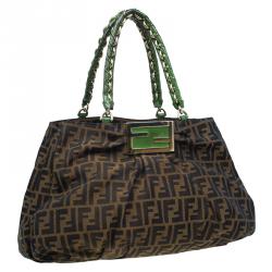 Pre Owned Fendi Tobacco/Green Zucca Canvas Large Mia Shoulder Bag