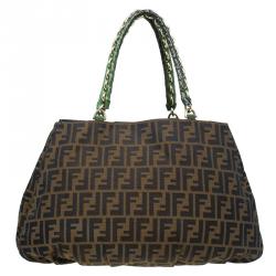 Pre Owned Fendi Tobacco/Green Zucca Canvas Large Mia Shoulder Bag